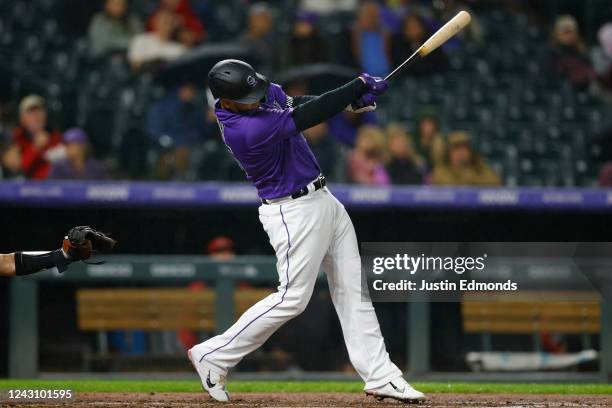 Cron of the Colorado Rockies hits a solo home run in the fourth inning against the Arizona Diamondbacks at Coors Field on September 9, 2022 in...