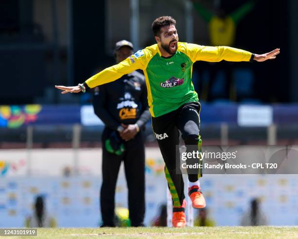 Mohammad Amir of Jamaica Tallawahs celebrates the dismissal of Nicholas Pooran of Trinbago Knight Riders during the Men's 2022 Hero Caribbean Premier...