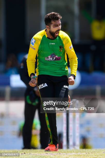 Mohammad Amir of Jamaica Tallawahs celebrates the dismissal of Nicholas Pooran of Trinbago Knight Riders during the Men's 2022 Hero Caribbean Premier...