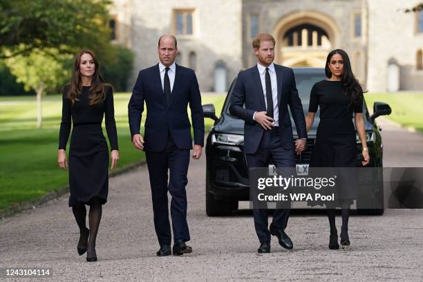 Catherine, Princess of Wales, Prince William, Prince of Wales, Prince Harry, Duke of Sussex, and Meghan, Duchess of Sussex on the long Walk at...