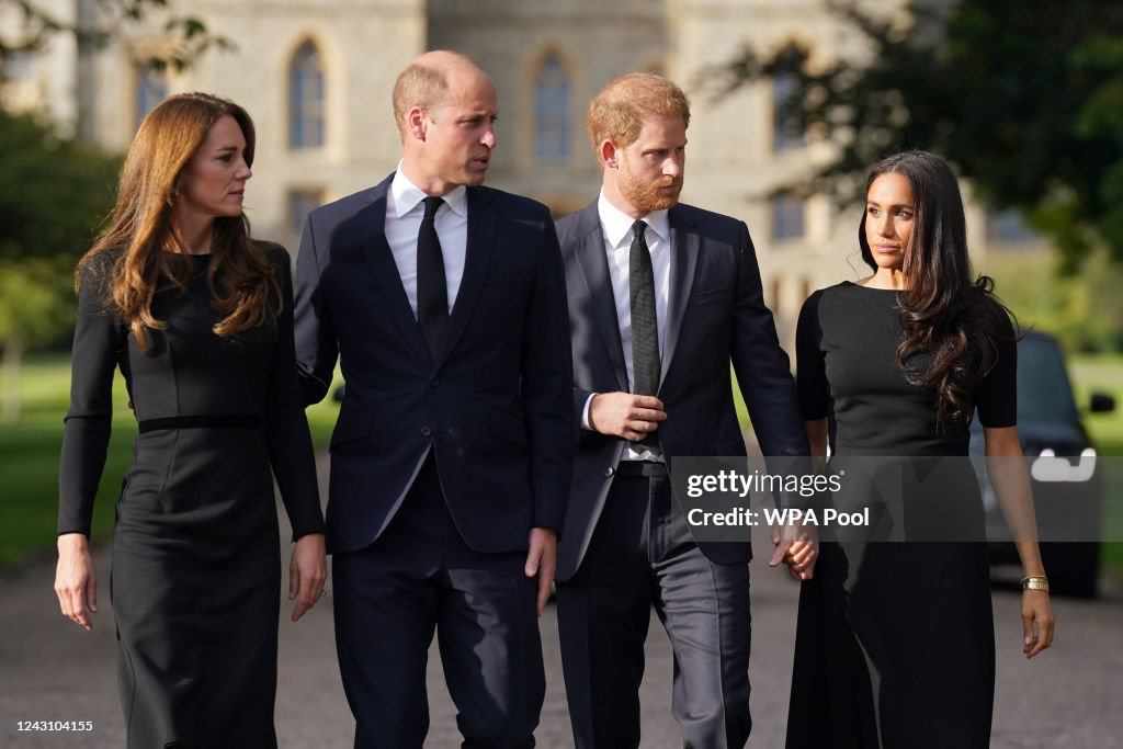 The Prince and Princess of Wales Accompanied By The Duke And Duchess Of Sussex Greet Wellwishers Outside Windsor Castle