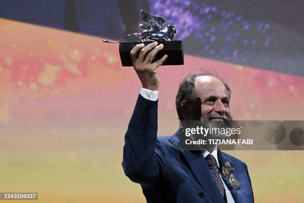 Italian director Luca Guadagnino acknowledges receiving the Silver Lion for Best Director for "Bones And All" on September 10, 2022 during the...