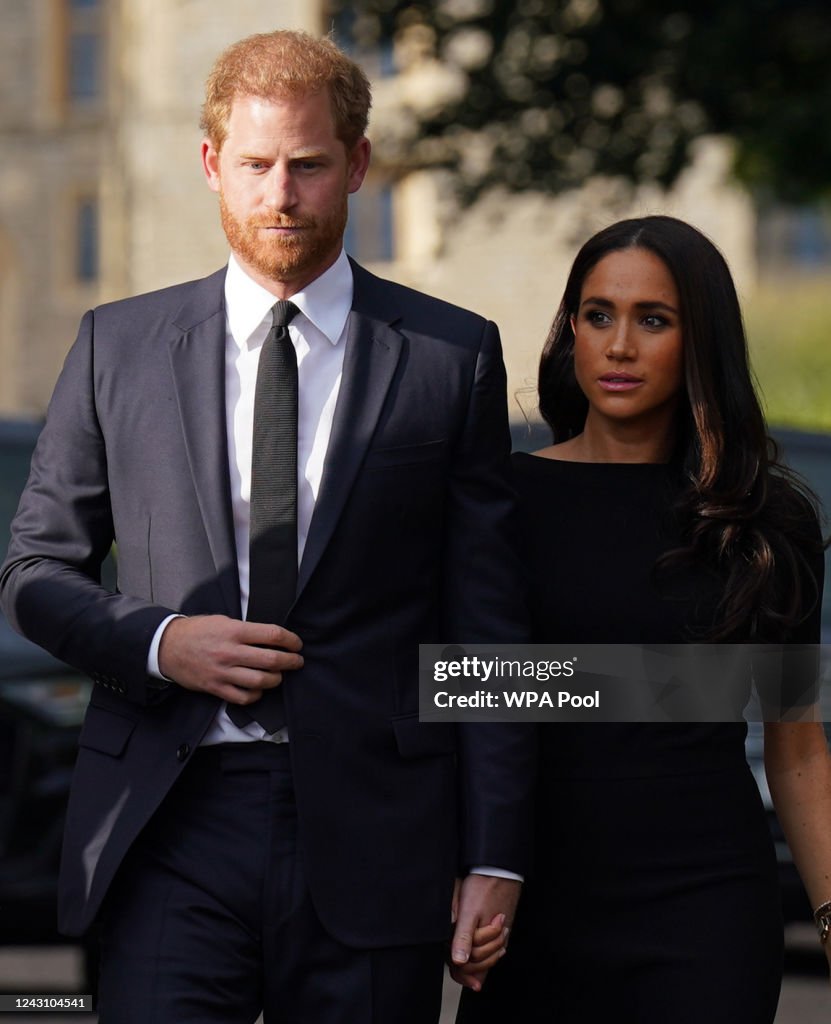 The Prince and Princess of Wales Accompanied By The Duke And Duchess Of Sussex Greet Wellwishers Outside Windsor Castle