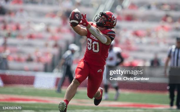 Brant Kuithe of the Utah Utes drops a pass against the Southern Utah Thunderbirds during the first half of their game September 10, 2022 at...