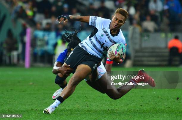 Alowesi Nakoci of Fiji tackled by Seraphine Okemba of France during Women's Championship Quarter Finals match between France and Fiji on day 2 of the...