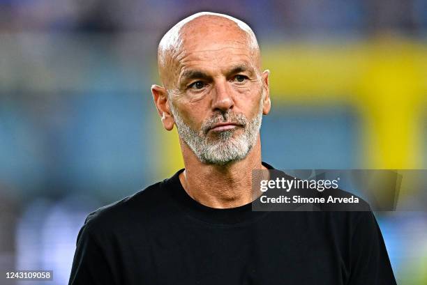 Stefano Pioli head coach of Milan looks on prior to kick-off in the Serie A match between UC Sampdoria and AC MIlan at Stadio Luigi Ferraris on...