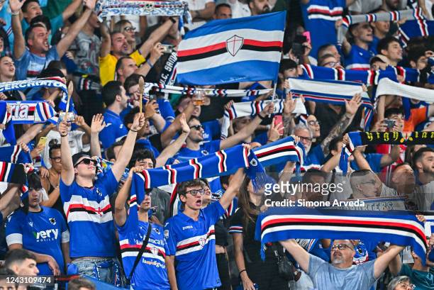 Fans of Sampdoria wave their flags and scarves prior to kick-off in the Serie A match between UC Sampdoria and AC MIlan at Stadio Luigi Ferraris on...