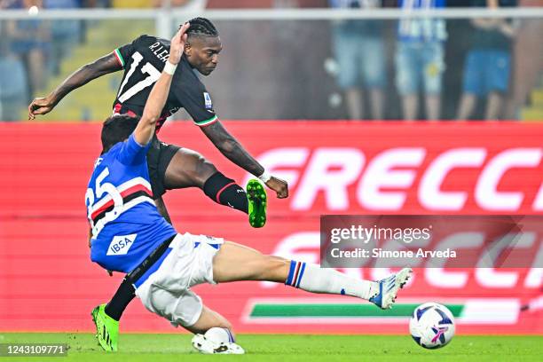 Alex Ferrari of Sampdoria and Rafael Leao of Milan vie for the ball during the Serie A match between UC Sampdoria and AC MIlan at Stadio Luigi...