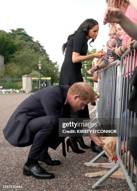 Britain's Prince Harry, Duke of Sussex, pets a dog as his wife Meghan, Duchess of Sussex, looks at a baby on the Long walk at Windsor Castle on...