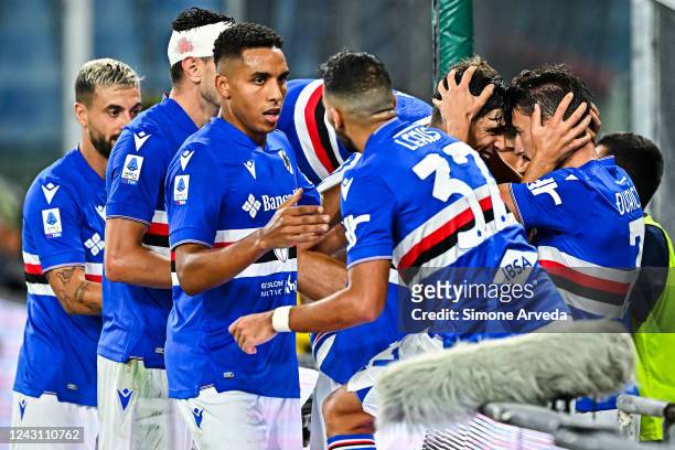 Filip Djuricic of Sampdoria celebrates with his team-mates after scoring the first goal of his team during the Serie A match between UC Sampdoria and...