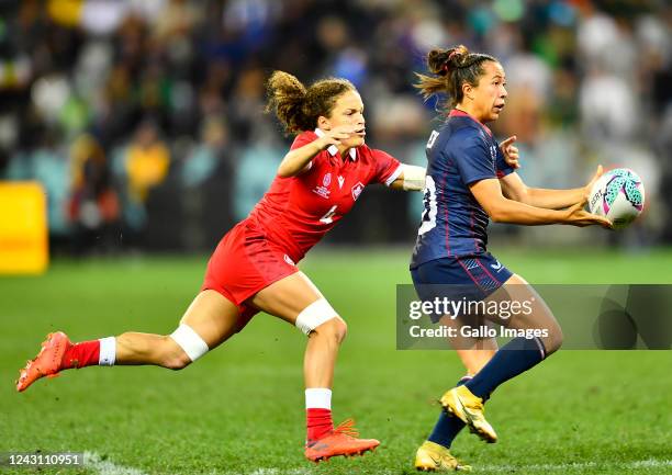 Alena Olsen of USA and Breanne Nicholas of Canada during day 2 of the Rugby World Cup Sevens 2022 Championship Quarter Finals match 16 between USA...