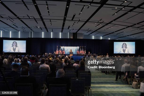 Vice President Kamala Harris speaks during the Democratic National Committee summer meeting in National Harbor, Maryland, US, on Saturday, Sept. 10,...