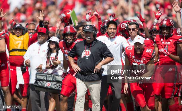 Players and coaches celebrate a touchdown behind head coach Kyle Whittingham of the Utah Utes during the second half of their game against the...