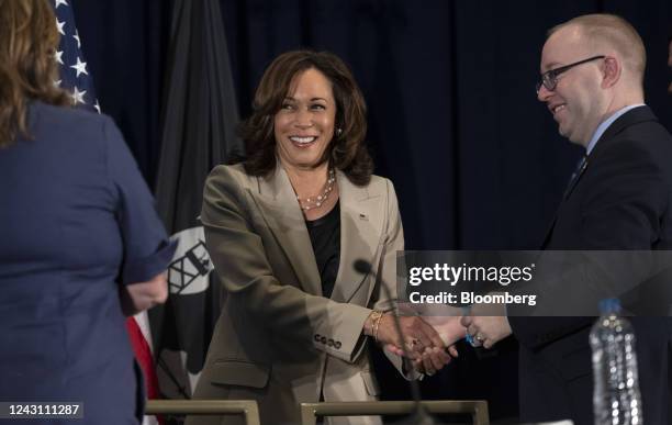 Vice President Kamala Harris arrives to speak during the Democratic National Committee summer meeting in National Harbor, Maryland, US, on Saturday,...