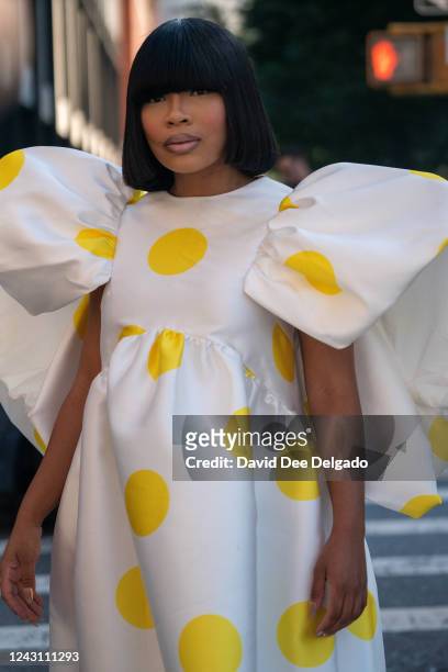 Aliya Jay is seen wearing Son Jung Wan to NYFW at Spring Studios on September 10, 2022 in New York City.