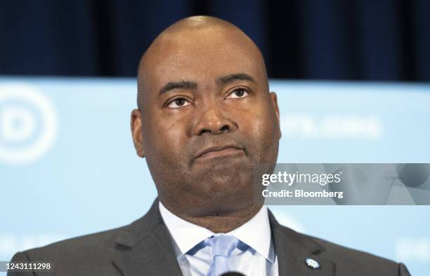 Jamie Harrison, chairman of the Democratic National Committee, speaks during the Democratic National Committee summer meeting in National Harbor,...