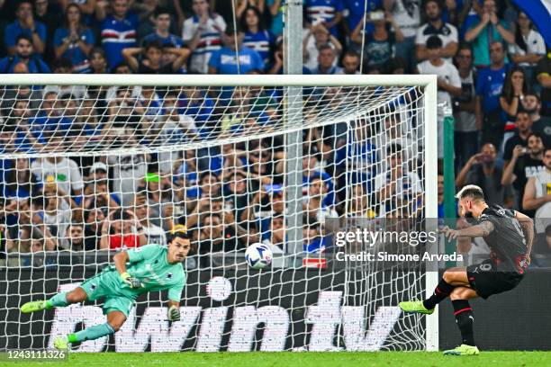 Olivier Giroud of Milan scores the second goal of his team by penalty kick during the Serie A match between UC Sampdoria and AC MIlan at Stadio Luigi...