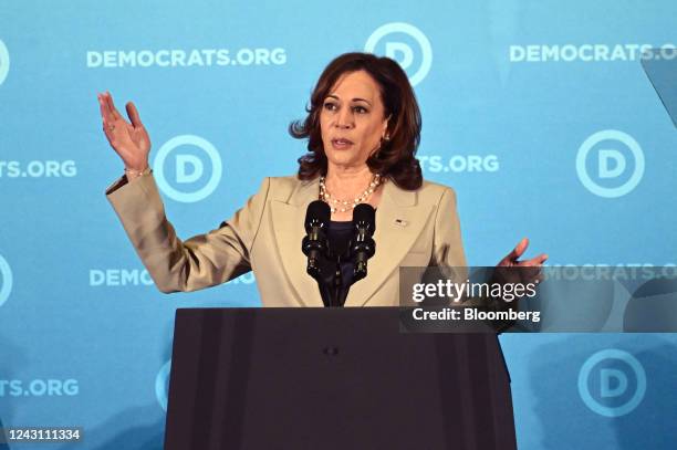 Vice President Kamala Harris speaks during the Democratic National Committee summer meeting in National Harbor, Maryland, US, on Saturday, Sept. 10,...