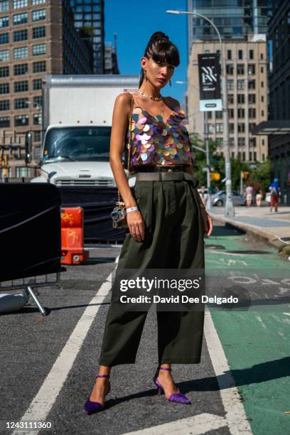 Katya Tolstova is seen wearing head to toe outfit by Pinko to NYFW at Spring Studios on September 10, 2022 in New York City.