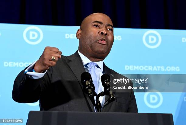 Jamie Harrison, chairman of the Democratic National Committee, speaks during the Democratic National Committee summer meeting in National Harbor,...