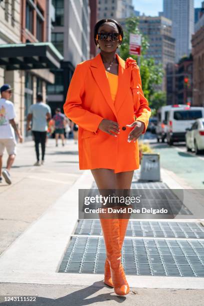 Sarah Adewumi is seen wearing head to toe Son Jung Wan to NYFW at Spring Studios on September 10, 2022 in New York City.