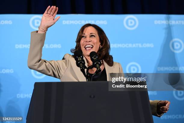 Vice President Kamala Harris speaks during the Democratic National Committee summer meeting in National Harbor, Maryland, US, on Saturday, Sept. 10,...