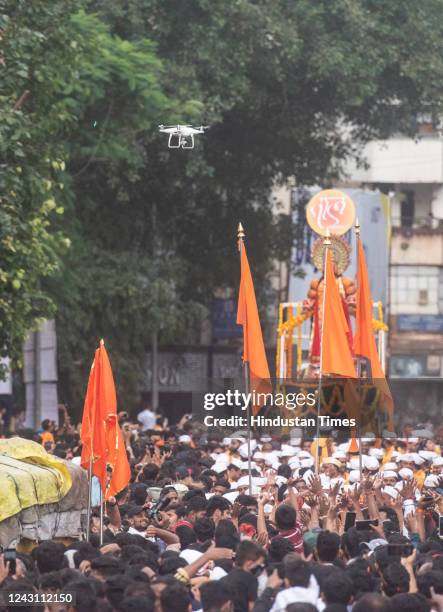 Drone during Ganpati visarjan procession on the occasion of Anant Chaturdashi, at Alka Talkies Chowk, on September 9, 2022 in Pune, India.