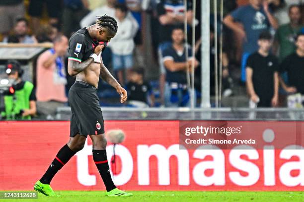 Rafael Leao of Milan reacts after being shown a red card during the Serie A match between UC Sampdoria and AC MIlan at Stadio Luigi Ferraris on...
