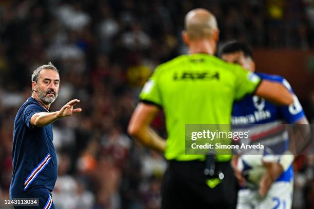 Marco Giampaolo head coach of Sampdoria leaves the pitch after being shown a red card during the Serie A match between UC Sampdoria and AC MIlan at...