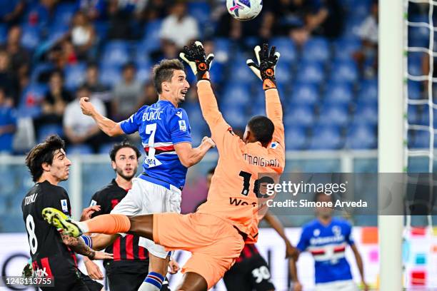 Filip Djuricic of Sampdoria scores a goal during the Serie A match between UC Sampdoria and AC MIlan at Stadio Luigi Ferraris on September 10, 2022...