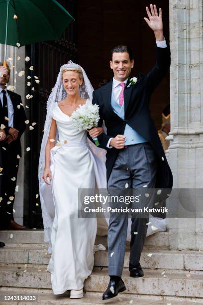 Princess Maria-Laura and William Isvy leave the Cathedral of St. Michael and St. Gudula after their wedding on September 10, 2022 in Brussels,...