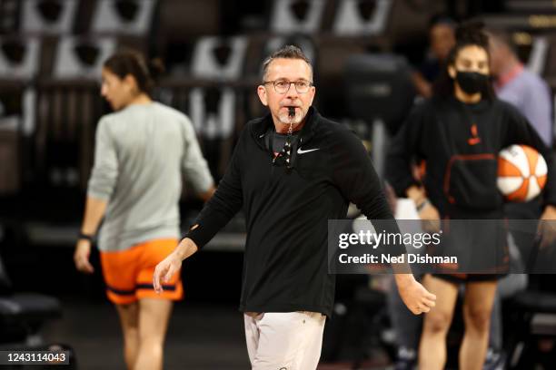 Head Coach Curt Miller of the Connecticut Sun looks on during the 2022 WNBA Finals Practice and Media Availability on September 10, 2022 at Michelob...