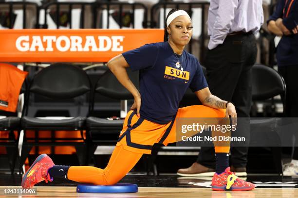 Odyssey Sims of the Connecticut Sun stretches during the 2022 WNBA Finals Practice and Media Availability on September 10, 2022 at Michelob ULTRA...