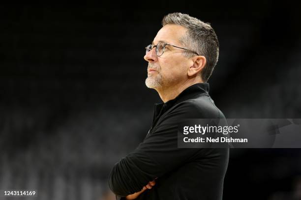 Head Coach Curt Miller of the Connecticut Sun looks on during the 2022 WNBA Finals Practice and Media Availability on September 10, 2022 at Michelob...