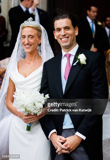 Princess Maria-Laura and William Isvy are seen leaving the Cathedral of St. Michael and St. Gudula after their wedding on September 10, 2022 in...