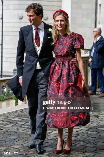 Prince Amedeo and Elisabetta Rosboch von Wolkenstein pictured arriving for the wedding ceremony of Princess Maria-Laura of Belgium and William Isvy,...
