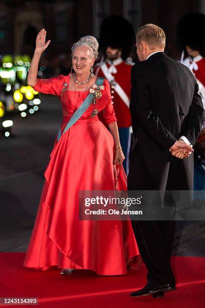 Queen Margrethe of Denmark seen at arrival at arrival to the command performance on the Old Stage on the Royal Danish Theatre on the occasion of the...