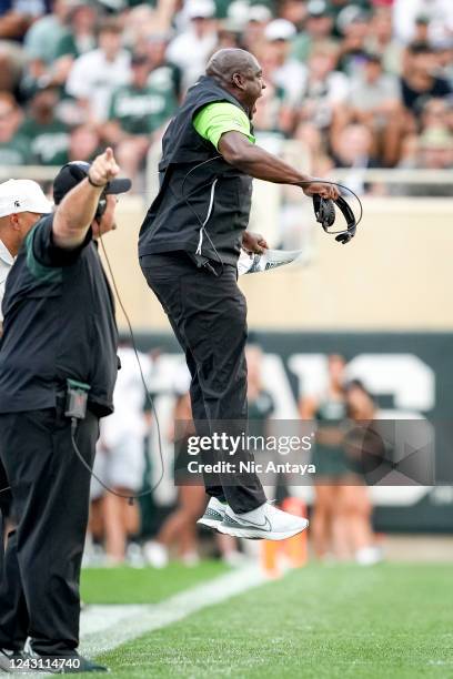 Head coach Mel Tucker of the Michigan State Spartans reacts against the Akron Zips during the second quarter at Spartan Stadium on September 10, 2022...