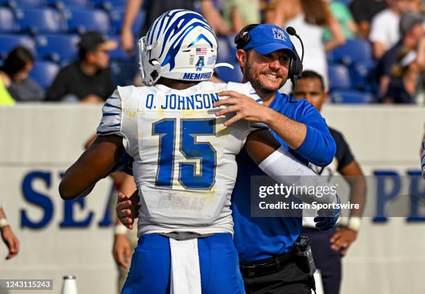 Memphis Tigers running back Sutton Smith is congratulated by head coach Ryan Silverfield after scoring during the Memphis Tigers game versus the...