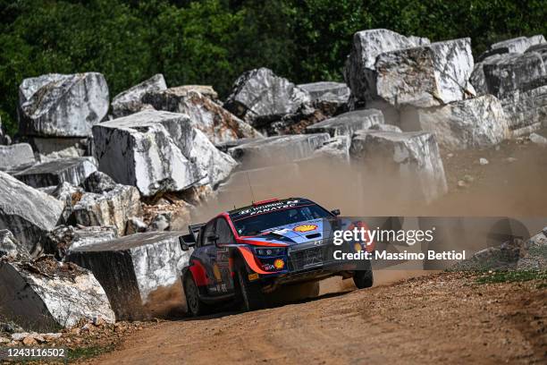 Daniel Sordo of Spain and Candido Carrera of Spain compete with their Hyundai Shell Mobis WRT Hyundai i20N Rally1 Hybrid during Day Three of the FIA...