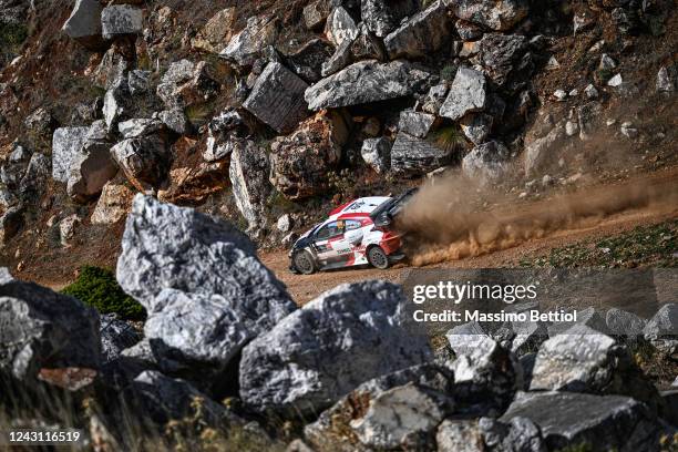 Kalle Rovanpera of Finland and Jonne Halttunen of Finland compete with their Toyota Gazoo Racing WRT Toyota GR Yaris Rally1 Hybrid during Day Three...