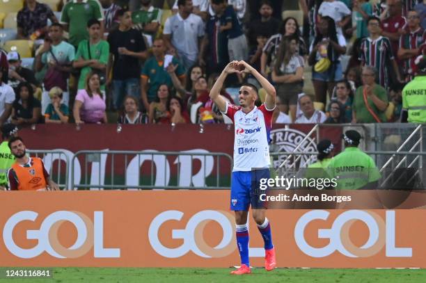 Thiago Galhardo of Fortaleza celebrates after scoring his goal against Fluminense during a match between Fluminense and Fortaleza as part of...