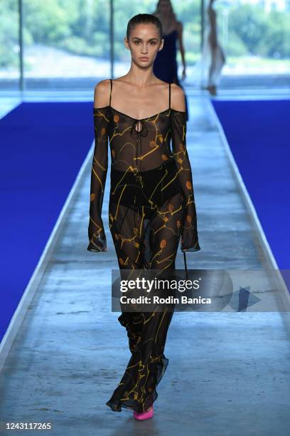 Image contains partial nudity.) A model walks the runway at the Jason Wu - Spring 2023 fashion show at The Seaport, Pier 17 on September 10th, 2022...