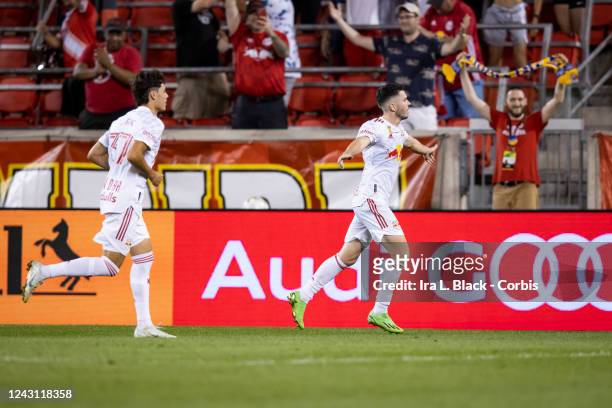 Lewis Morgan of New York Red Bulls celebrates his goal in the second half of the Major League Soccer match against the New England Revolution at Red...