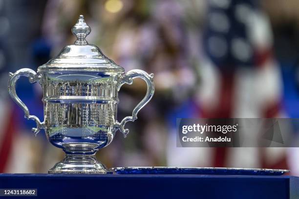 Winner and runner-up trophy seen during presentation after final of US Open Championships between Iga Swiatek of Poland and Ons Jabeur of Tunisia at...