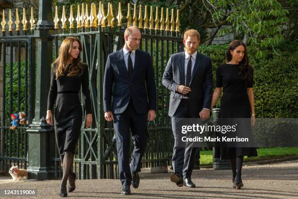 Prince William and Catherine, the new Prince and Princess of Wales, accompanied by Prince Harry and Meghan, the Duke and Duchess of Sussex, arrive to...