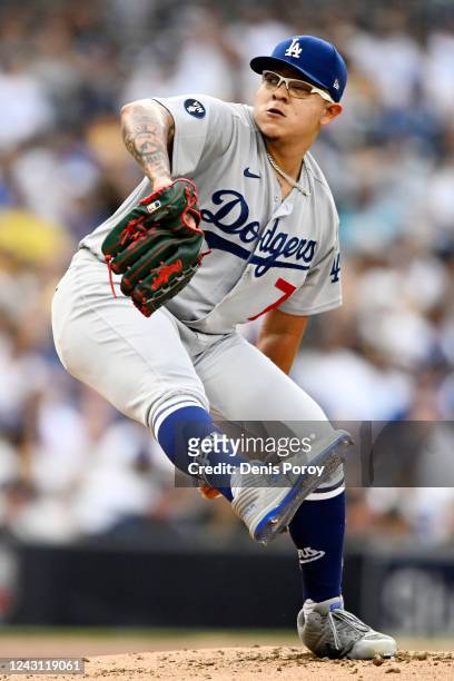 Julio Urias of the Los Angeles Dodgers pitches during the first inning of the baseball game against the San Diego Padres September 10, 2022 at Petco...