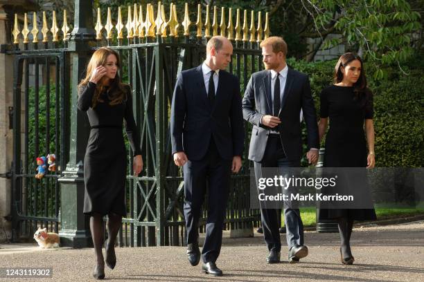 Prince William and Catherine, the new Prince and Princess of Wales, accompanied by Prince Harry and Meghan, the Duke and Duchess of Sussex, arrive to...