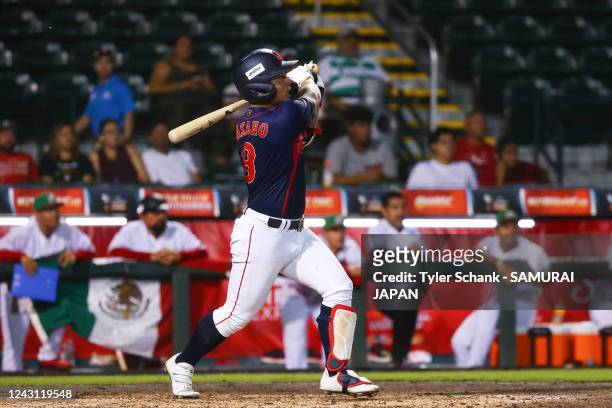 Shogo Asano of Japan hits a home run in the fifth inning during the WBSC Baseball World Cup Opening Round Group B game between Japan and Mexico at...