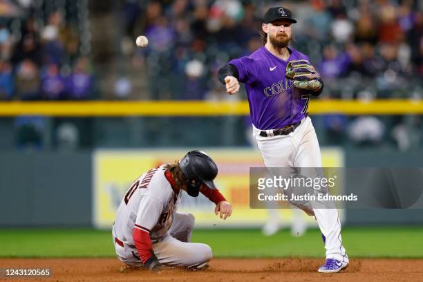 Second baseman Brendan Rodgers of the Colorado Rockies throws to first base to complete the double play to end the sixth inning as Jake McCarthy of...
